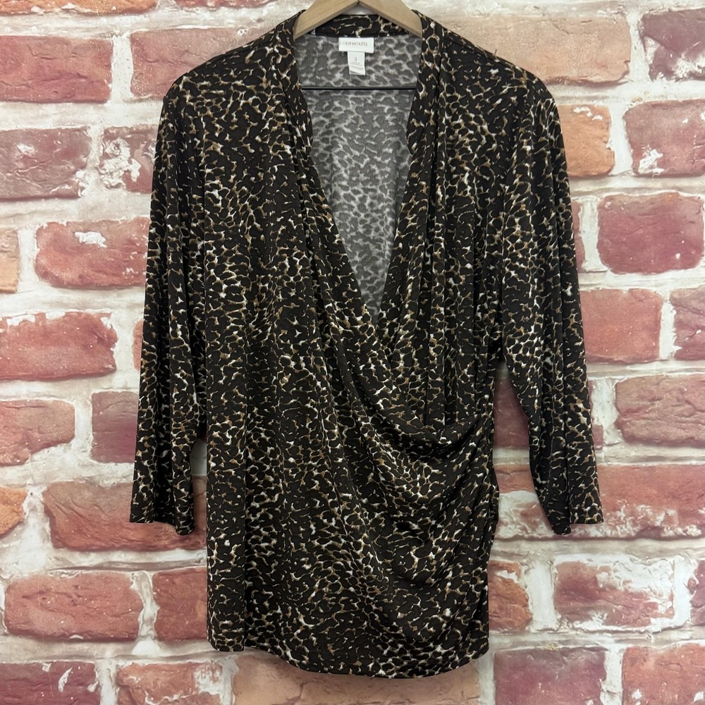 Chicos Top Women's XL Brown Multicolor Abstract Animal Print Surplice Wrap Shirt